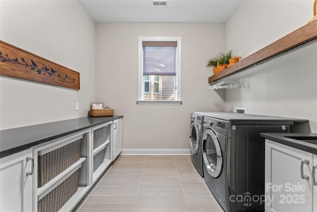 4012 Brandywine Ter, Lancaster, SC 29720 - laundry room featuring visible vents, washer and dryer, cabinet space, and baseboards