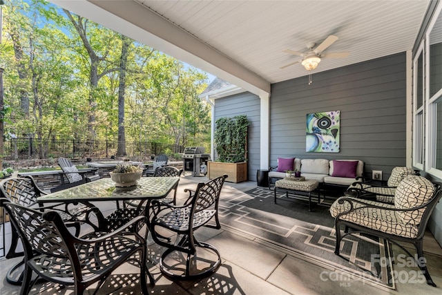4012 Brandywine Ter, Lancaster, SC 29720 - view of patio / terrace featuring an outdoor living space, ceiling fan, a grill, outdoor dining space, and fence