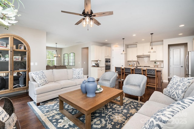3028 Quinebaug Rd, Fort Mill, SC 29715 - living room with ceiling fan, dark wood-style floors, and recessed lighting