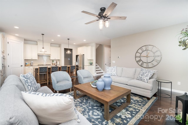 3028 Quinebaug Rd, Fort Mill, SC 29715 - living room featuring a ceiling fan, stairs, dark wood finished floors, baseboards, and recessed lighting