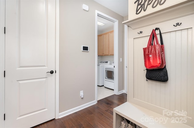 3028 Quinebaug Rd, Fort Mill, SC 29715 - mudroom featuring washer and clothes dryer, baseboards, and dark wood-style floors