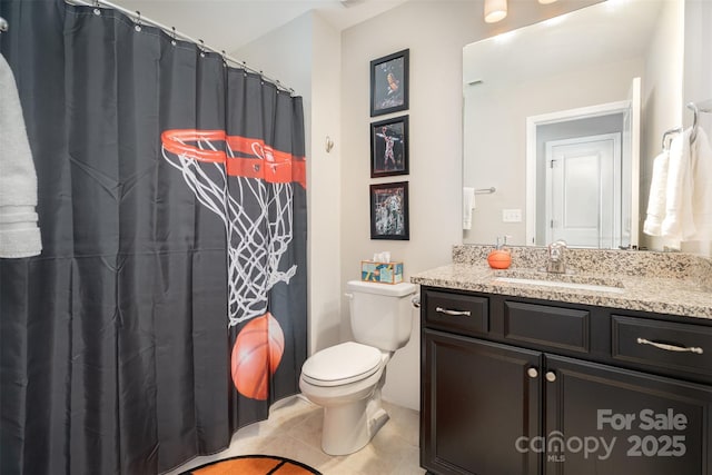 3028 Quinebaug Rd, Fort Mill, SC 29715 - bathroom featuring curtained shower, tile patterned flooring, toilet, and vanity
