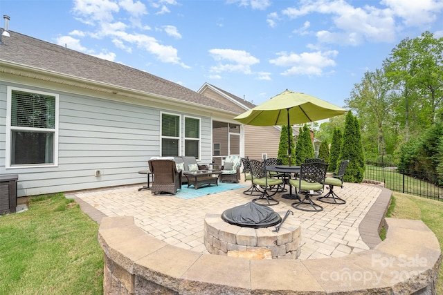 3028 Quinebaug Rd, Fort Mill, SC 29715 - view of patio featuring an outdoor living space with a fire pit, outdoor dining area, and fence