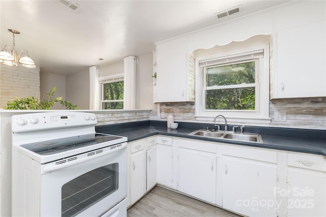 kitchen featuring white cabinets, a sink, dark countertops, visible vents, and white electric range