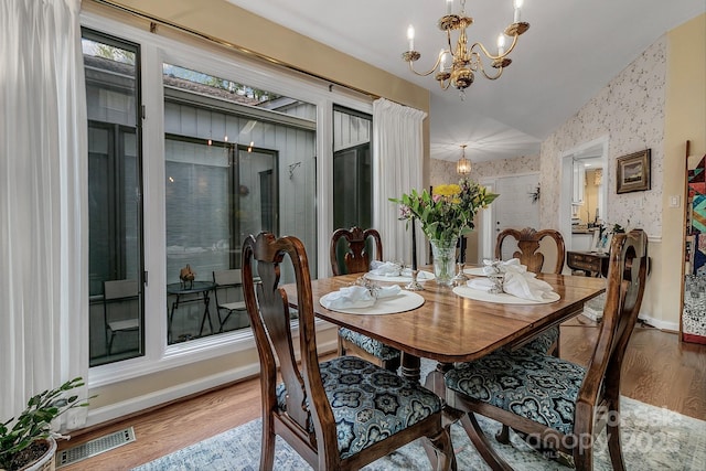 104 Parkway Ct Unit 1, Asheville, NC 28803 - dining space featuring visible vents, a notable chandelier, wallpapered walls, wood finished floors, and vaulted ceiling