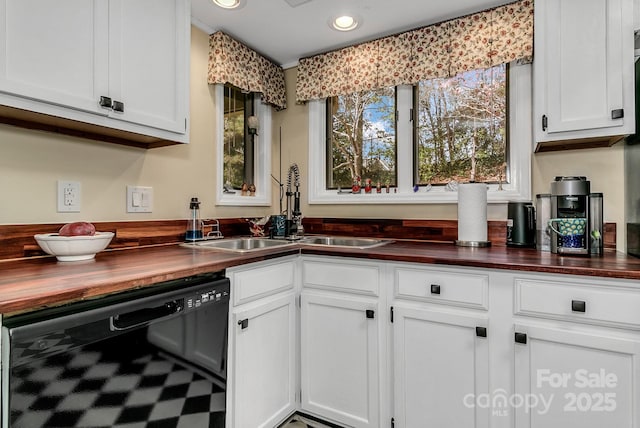 104 Parkway Ct Unit 1, Asheville, NC 28803 - kitchen with recessed lighting, white cabinetry, butcher block counters, dishwasher, and a sink