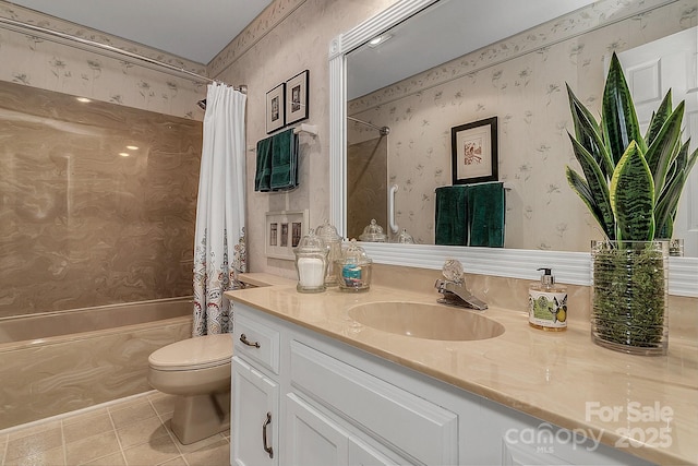 104 Parkway Ct Unit 1, Asheville, NC 28803 - bathroom featuring toilet, shower / bath combo with shower curtain, vanity, wallpapered walls, and tile patterned flooring