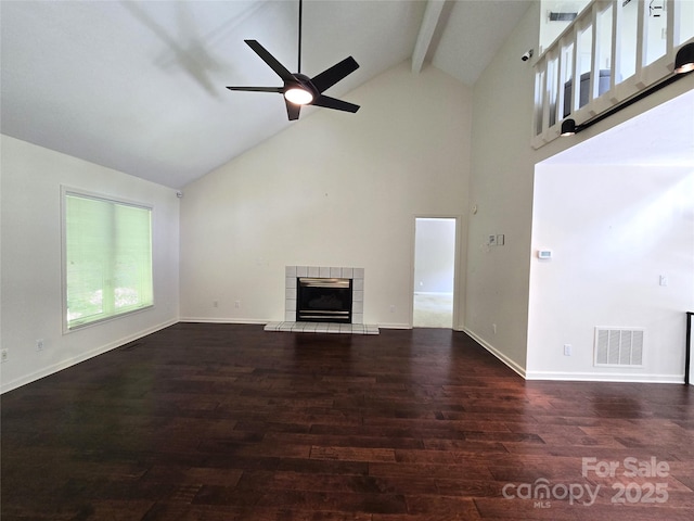 124 Cardinal Rd, Lake Lure, NC 28746 - unfurnished living room featuring high vaulted ceiling, beamed ceiling, wood finished floors, a ceiling fan, and a tiled fireplace