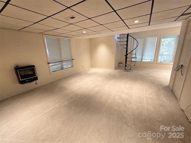 124 Cardinal Rd, Lake Lure, NC 28746 - below grade area with carpet, a paneled ceiling, stairs, and recessed lighting