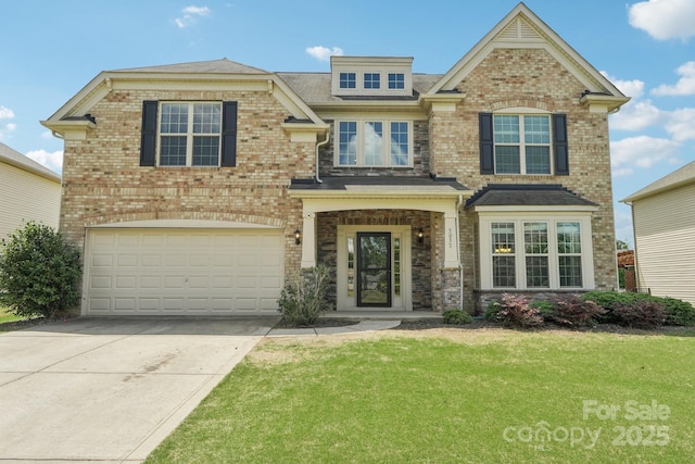 5037 Nighthawk Dr, Fort Mill, SC 29707 - view of front facade featuring a front lawn, concrete driveway, a garage, and brick siding