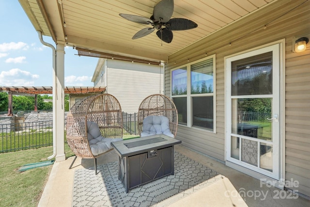 5037 Nighthawk Dr, Fort Mill, SC 29707 - view of patio / terrace with an outdoor fire pit, fence, and a ceiling fan