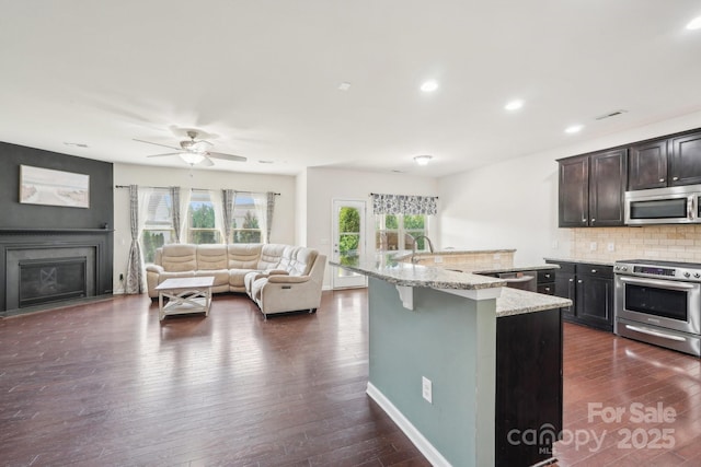 5037 Nighthawk Dr, Fort Mill, SC 29707 - kitchen with stainless steel appliances, dark wood-style floors, a fireplace with flush hearth, light stone counters, and recessed lighting
