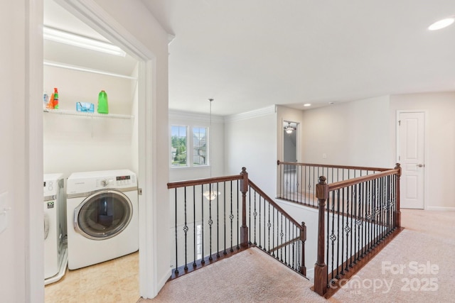 5037 Nighthawk Dr, Fort Mill, SC 29707 - laundry room featuring independent washer and dryer, recessed lighting, carpet flooring, baseboards, and crown molding
