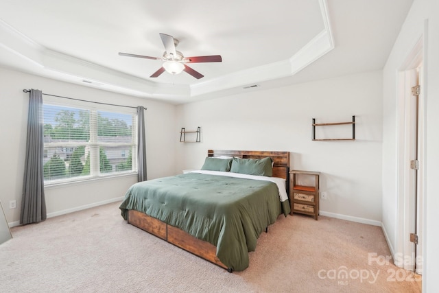 5037 Nighthawk Dr, Fort Mill, SC 29707 - bedroom with a tray ceiling, carpet, baseboards, ornamental molding, and a ceiling fan