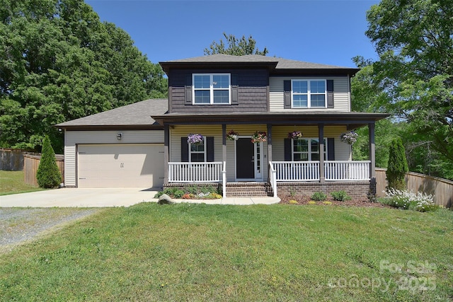 view of front of property with fence, an attached garage, concrete driveway, and a porch