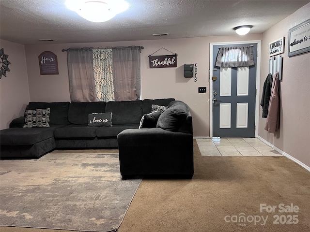 541 Pilgrim Rd, Ellenboro, NC 28040 - tiled living area with a textured ceiling, visible vents, and carpet floors