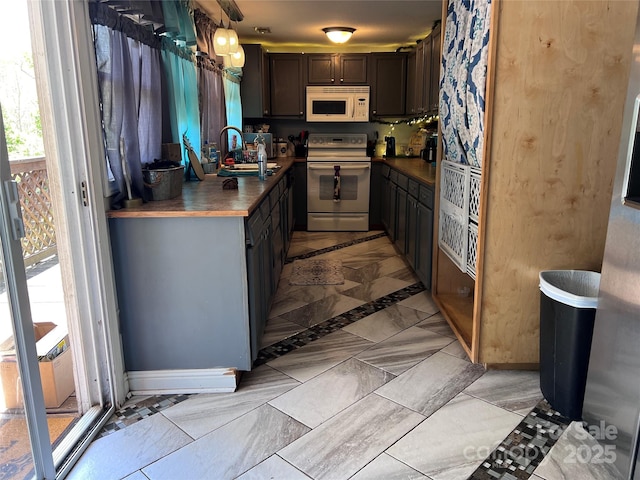 541 Pilgrim Rd, Ellenboro, NC 28040 - kitchen with white microwave, dark countertops, a sink, and electric stove