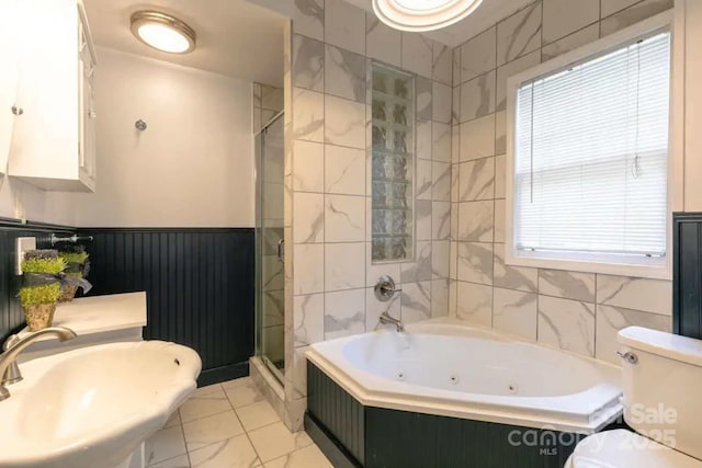 88 S Main St, Weaverville, NC 28787 - full bathroom with a shower stall, a wainscoted wall, toilet, a sink, and a whirlpool tub