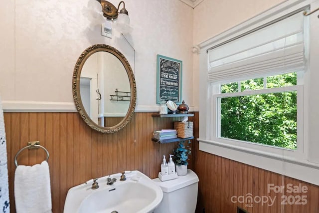 88 S Main St, Weaverville, NC 28787 - bathroom featuring a sink, toilet, wainscoting, and wooden walls