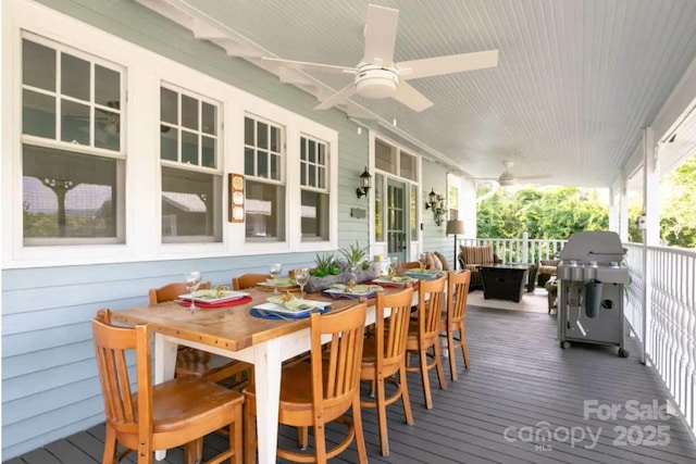 88 S Main St, Weaverville, NC 28787 - wooden terrace featuring grilling area, outdoor dry bar, and ceiling fan