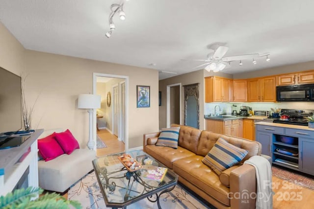 88 S Main St, Weaverville, NC 28787 - living room featuring a ceiling fan, a toaster, light wood finished floors, and rail lighting