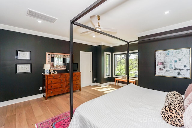 153 High Hills Dr, Mooresville, NC 28117 - bedroom featuring light wood finished floors, crown molding, recessed lighting, and ceiling fan
