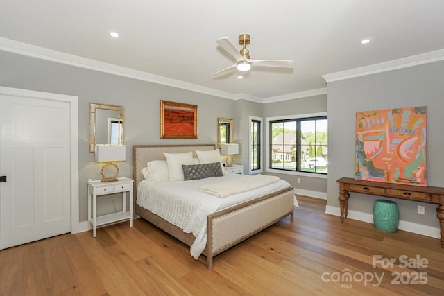 153 High Hills Dr, Mooresville, NC 28117 - bedroom with crown molding, light wood finished floors, recessed lighting, and ceiling fan