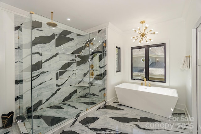 153 High Hills Dr, Mooresville, NC 28117 - bathroom with a chandelier, a freestanding tub, marble tiled flooring, a marble finish shower, and ornamental molding