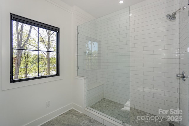 153 High Hills Dr, Mooresville, NC 28117 - bathroom featuring walk in shower, healthy amount of natural light, marble finish floors, and recessed lighting
