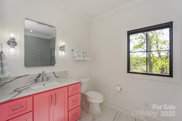 153 High Hills Dr, Mooresville, NC 28117 - bathroom with vanity, marble look tiles, and crown molding
