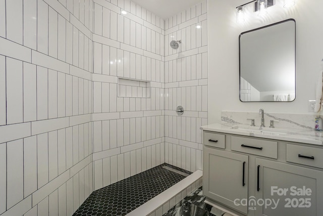 153 High Hills Dr, Mooresville, NC 28117 - bathroom with tiled shower, marble look tile flooring, and vanity