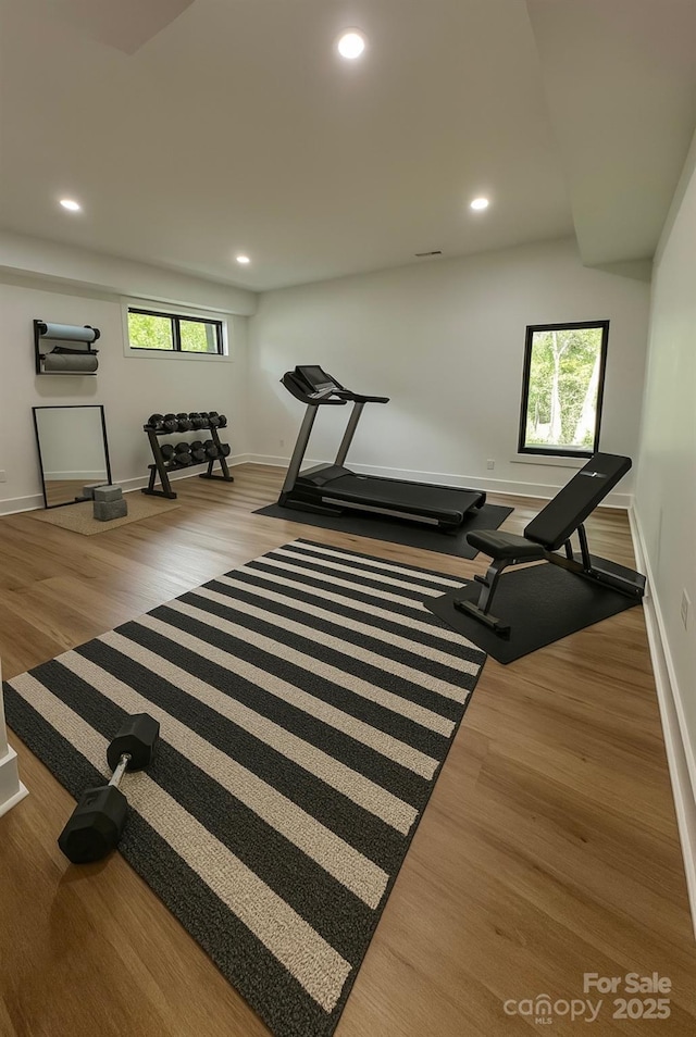 153 High Hills Dr, Mooresville, NC 28117 - workout room with healthy amount of natural light, wood finished floors, and recessed lighting