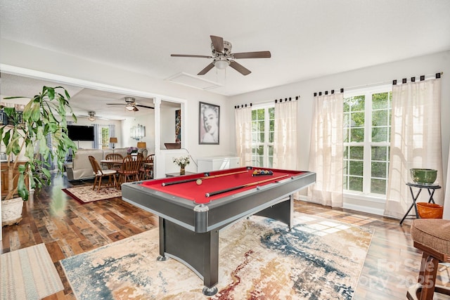 rec room featuring a ceiling fan, wood finished floors, and pool table