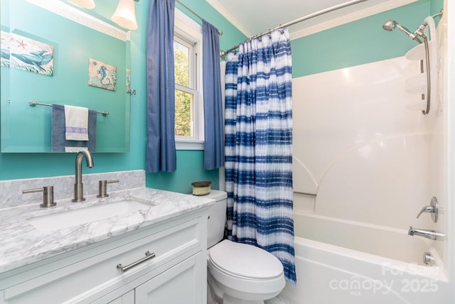 bathroom featuring toilet, vanity, and shower / bath combination with curtain