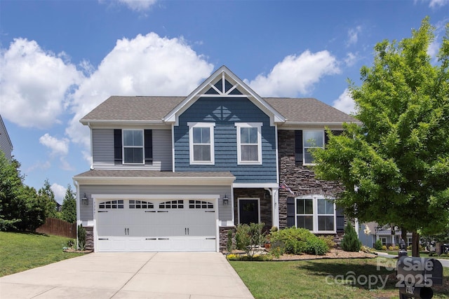 7397 Mill Ruins Ave SW, Concord, NC 28025 - craftsman inspired home featuring stone siding, a garage, concrete driveway, and a shingled roof