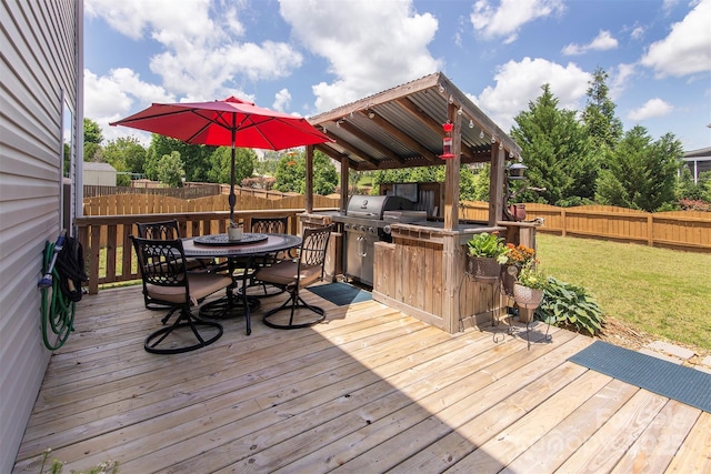 7397 Mill Ruins Ave SW, Concord, NC 28025 - wooden terrace with a fenced backyard, an outdoor kitchen, and outdoor dining area