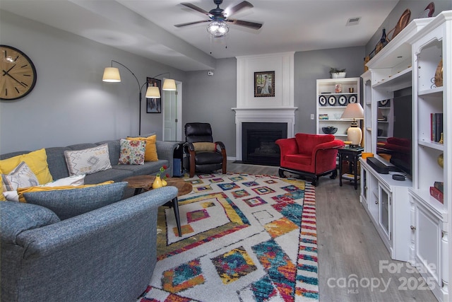 7397 Mill Ruins Ave SW, Concord, NC 28025 - living area with light wood finished floors, a fireplace, and ceiling fan