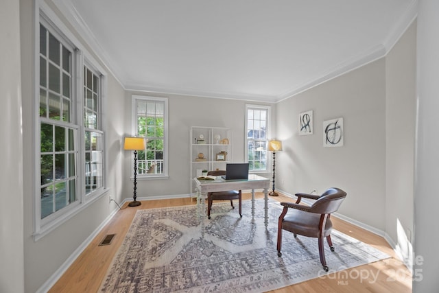 263 Fernbrook Dr, Mooresville, NC 28117 - office area featuring wood finished floors, ornamental molding, and baseboards