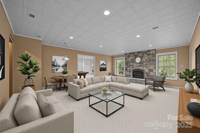 263 Fernbrook Dr, Mooresville, NC 28117 - carpeted living area featuring recessed lighting, a fireplace, baseboards, and ornamental molding