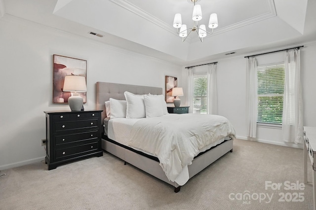 902 Hoke Trl, Cramerton, NC 28032 - bedroom featuring visible vents, a notable chandelier, light colored carpet, and a tray ceiling