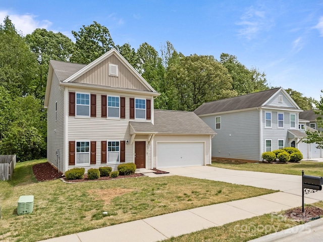 view of front facade featuring board and batten siding, an attached garage, a front lawn, and concrete driveway