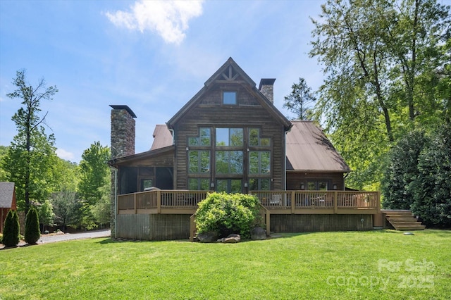 54 Cottage Grove Dr, Nebo, NC 28761 - back of property featuring a lawn, a chimney, and a deck