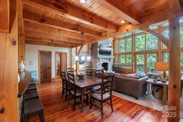54 Cottage Grove Dr, Nebo, NC 28761 - dining area featuring a stone fireplace, wood-type flooring, wooden ceiling, and beamed ceiling