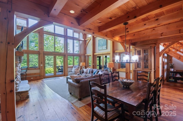 54 Cottage Grove Dr, Nebo, NC 28761 - dining area featuring french doors, arched walkways, light wood-style floors, and beamed ceiling