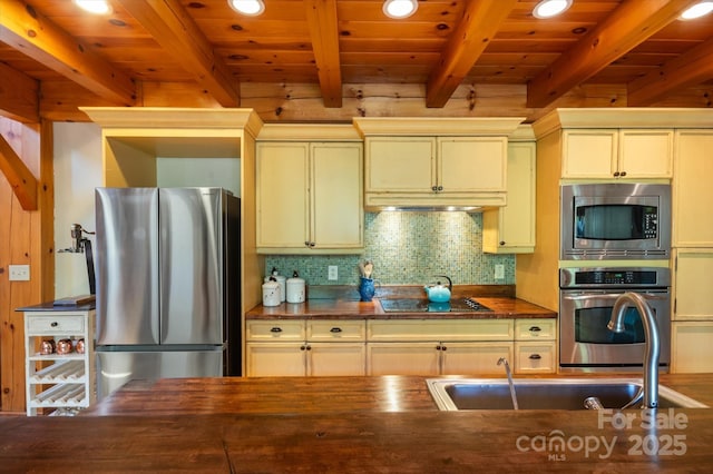 54 Cottage Grove Dr, Nebo, NC 28761 - kitchen with wooden counters, beamed ceiling, wood ceiling, appliances with stainless steel finishes, and backsplash