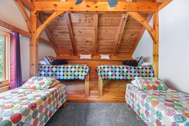 54 Cottage Grove Dr, Nebo, NC 28761 - bedroom featuring wooden ceiling, vaulted ceiling with beams, and carpet flooring