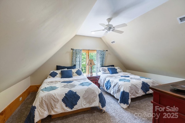 54 Cottage Grove Dr, Nebo, NC 28761 - bedroom with visible vents, a ceiling fan, carpet, and lofted ceiling