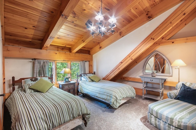 54 Cottage Grove Dr, Nebo, NC 28761 - bedroom featuring carpet floors, wood ceiling, a chandelier, and beamed ceiling