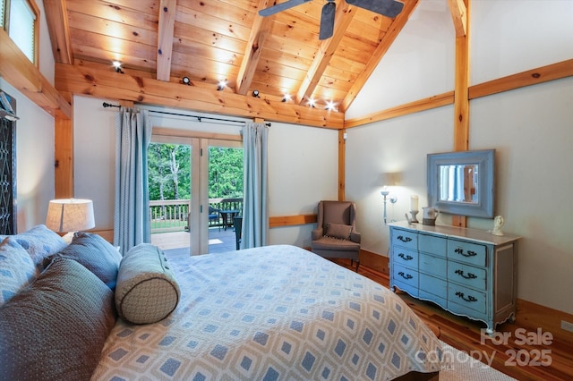 54 Cottage Grove Dr, Nebo, NC 28761 - bedroom with wood finished floors, baseboards, access to outside, wooden ceiling, and lofted ceiling with beams