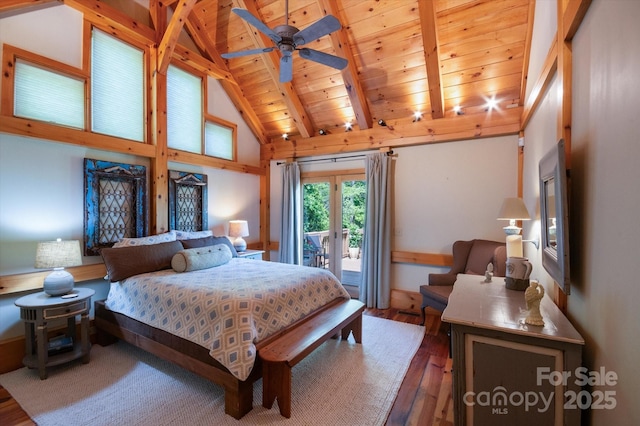 54 Cottage Grove Dr, Nebo, NC 28761 - bedroom featuring hardwood / wood-style flooring, wooden ceiling, high vaulted ceiling, beamed ceiling, and access to outside
